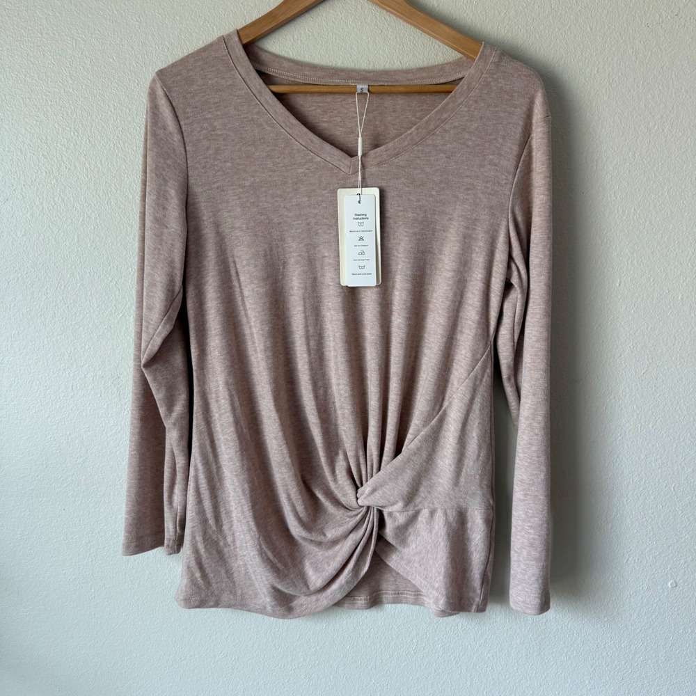 SAMPEEL Womens V-Neck Twist Front Long Sleeve Top Heathered Tan‎ NWT Size Small
